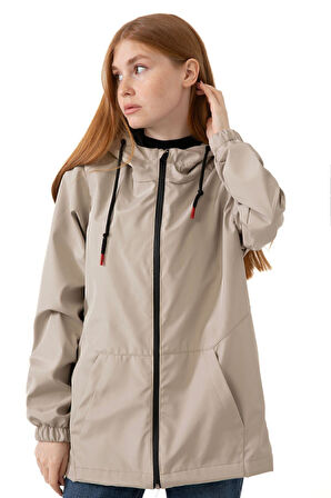 Kadın Astarlı Su Geçirmez Ve Rüzgara Dayanıklı Kapüşonlu Cepli Yağmurluk - Rüzgarlık