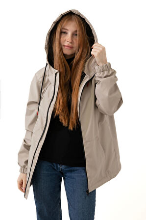Kadın Astarlı Su Geçirmez Ve Rüzgara Dayanıklı Kapüşonlu Cepli Yağmurluk - Rüzgarlık