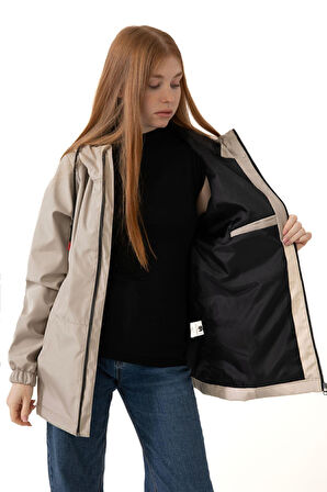 Kadın Astarlı Su Geçirmez Ve Rüzgara Dayanıklı Kapüşonlu Cepli Yağmurluk - Rüzgarlık