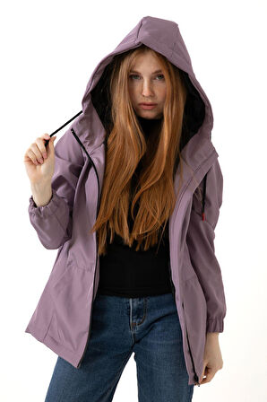 Kadın Astarlı Su Geçirmez Ve Rüzgara Dayanıklı Kapüşonlu Cepli Yağmurluk - Rüzgarlık