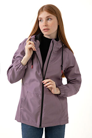 Kadın Astarlı Su Geçirmez Ve Rüzgara Dayanıklı Kapüşonlu Cepli Yağmurluk - Rüzgarlık