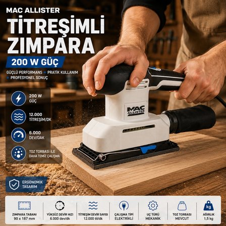 Titreşimli Zımpara Makinesi 200 W – 90x187 mm – 12.000 Titreşim/Dk – Toz Torbalı