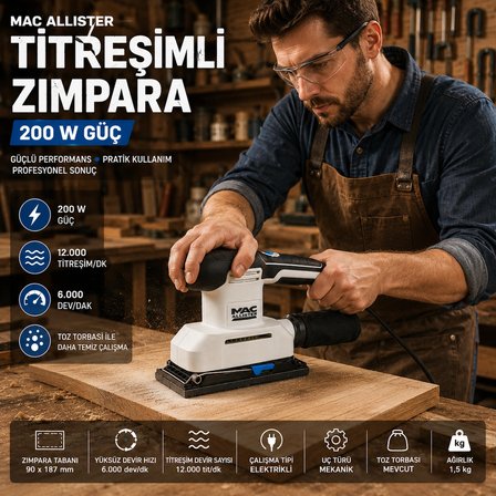 Titreşimli Zımpara Makinesi 200 W – 90x187 mm – 12.000 Titreşim/Dk – Toz Torbalı