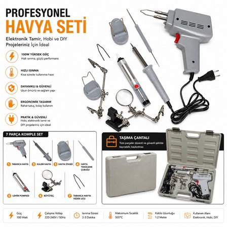 100W Profesyonel Havya Seti 7 Parça Tabanca Havya + 30W Kalem Havya Lehim Tamir Kiti Büyüteçli Taşıma Çantalı