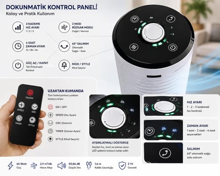 Kule Tipi Kumandalı Vantilatör 45W Beyaz | 3 Hız Kademesi, 65° Salınım, Dokunmatik Panel, Uzaktan Kumandalı