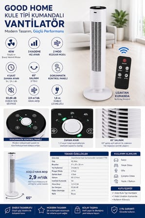 Kule Tipi Kumandalı Vantilatör 45W Beyaz | 3 Hız Kademesi, 65° Salınım, Dokunmatik Panel, Uzaktan Kumandalı