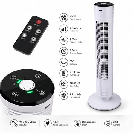 Kule Tipi Kumandalı Vantilatör 45W Beyaz | 3 Hız Kademesi, 65° Salınım, Dokunmatik Panel, Uzaktan Kumandalı