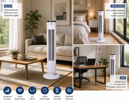Kule Tipi Kumandalı Vantilatör 45W Beyaz | 3 Hız Kademesi, 65° Salınım, Dokunmatik Panel, Uzaktan Kumandalı