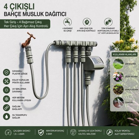 4 Çıkışlı Musluk Dağıtıcı Bağımsız Vanalı Hortum Çoklayıcı 304 mm Çift O-Ring Sızdırmaz Bahçe Sulama Aparatı