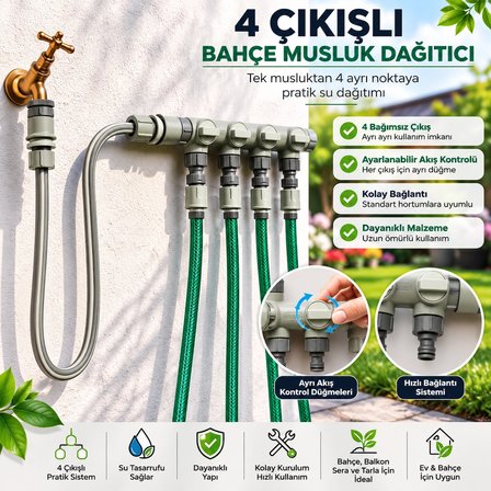 4 Çıkışlı Musluk Dağıtıcı Bağımsız Vanalı Hortum Çoklayıcı 304 mm Çift O-Ring Sızdırmaz Bahçe Sulama Aparatı