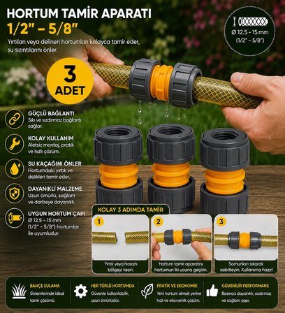 3 Adet Bahçe Hortumu Tamir Aparatı 1/2'' ve 5/8'' Uyumlu Su Sızdırmaz Konnektör