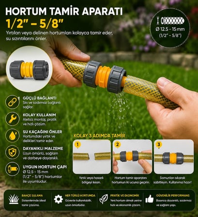 3 Adet Bahçe Hortumu Tamir Aparatı 1/2'' ve 5/8'' Uyumlu Su Sızdırmaz Konnektör