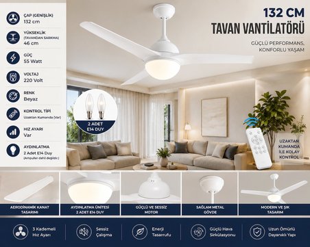 132 cm Beyaz Tavan Vantilatörü Uzaktan Kumandalı Aydınlatmalı 55W Hız Ayarlı Ev Tipi