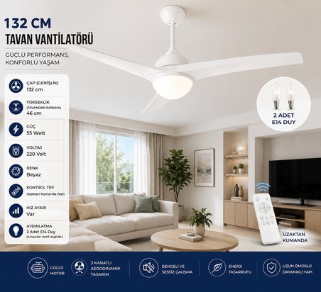132 cm Beyaz Tavan Vantilatörü Uzaktan Kumandalı Aydınlatmalı 55W Hız Ayarlı Ev Tipi