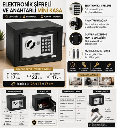Elektronik Şifreli Anahtarlı Mini Kasa T17 Çelik Kasa 23x17x17 cm 2 Anahtar + 2 Çelik Dübel