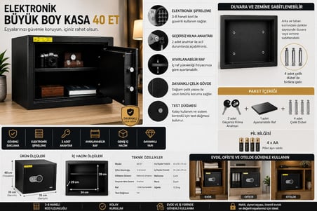 Elektronik Büyük Boy Kasa 40 ET Çelik Şifreli Kasa 40x35x35 cm 2 Anahtar 4 Çelik Dübel