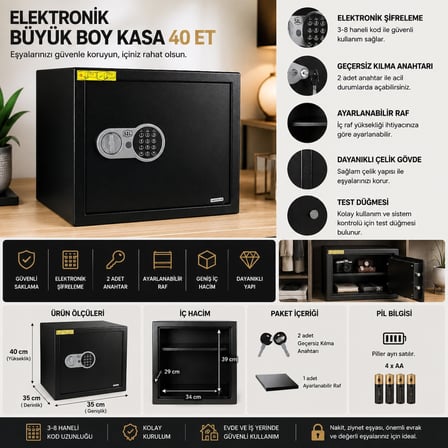 Elektronik Büyük Boy Kasa 40 ET Çelik Şifreli Kasa 40x35x35 cm 2 Anahtar 4 Çelik Dübel