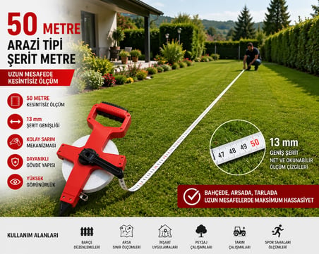 50 Metre Arazi Tipi Şerit Metre 13 mm Beyaz Şerit – Arsa, Bahçe, Tarla ve Şantiye Ölçüm Metresi
