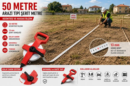 50 Metre Arazi Tipi Şerit Metre 13 mm Beyaz Şerit – Arsa, Bahçe, Tarla ve Şantiye Ölçüm Metresi