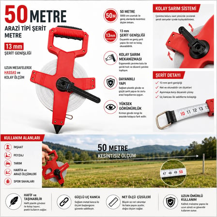 50 Metre Arazi Tipi Şerit Metre 13 mm Beyaz Şerit – Arsa, Bahçe, Tarla ve Şantiye Ölçüm Metresi