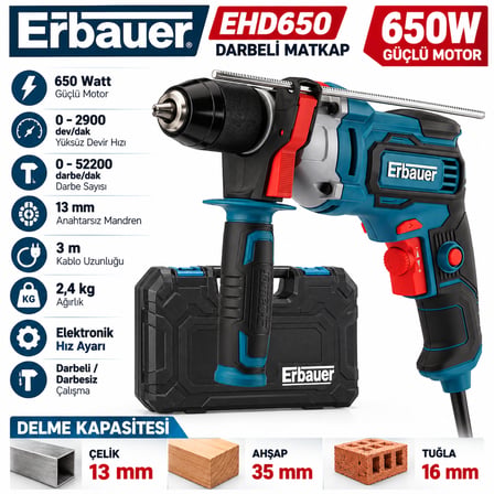 EHD650 650W Darbeli Matkap 13 mm Anahtarsız Mandren Elektronik Hız Ayarlı Plastik Taşıma Çantalı