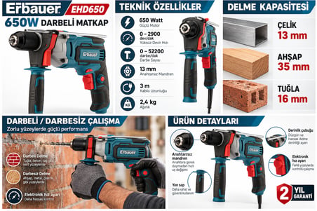 EHD650 650W Darbeli Matkap 13 mm Anahtarsız Mandren Elektronik Hız Ayarlı Plastik Taşıma Çantalı