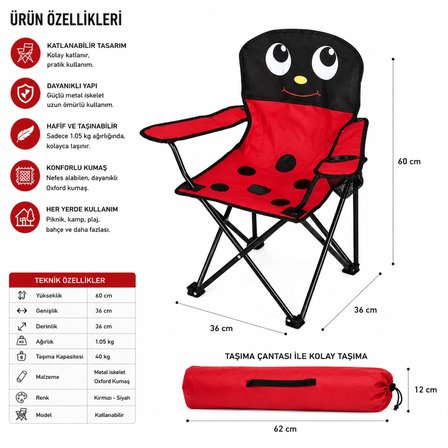 Katlanabilir Çocuk Kamp ve Piknik Sandalyesi Uğur Böceği Desenli Taşıma Çantalı 40 Kg Taşıma Kapasiteli Güvenlik Kilitli 🐞🏕️🌳
