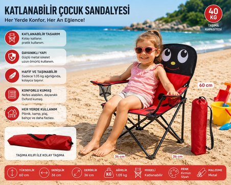 Katlanabilir Çocuk Kamp ve Piknik Sandalyesi Uğur Böceği Desenli Taşıma Çantalı 40 Kg Taşıma Kapasiteli Güvenlik Kilitli 🐞🏕️🌳