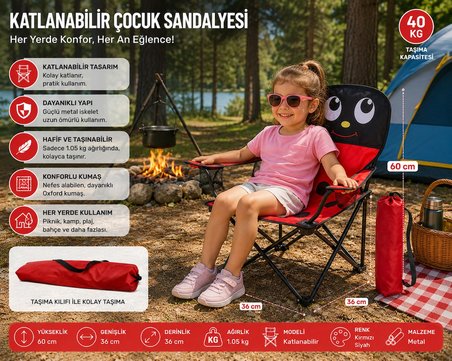 Katlanabilir Çocuk Kamp ve Piknik Sandalyesi Uğur Böceği Desenli Taşıma Çantalı 40 Kg Taşıma Kapasiteli Güvenlik Kilitli 🐞🏕️🌳