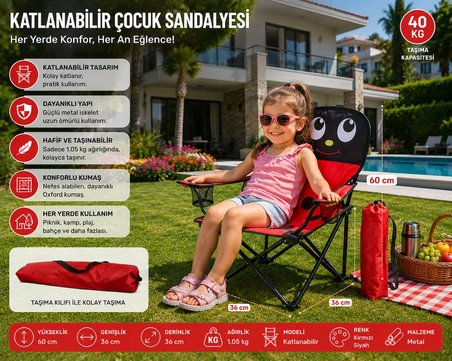 Katlanabilir Çocuk Kamp ve Piknik Sandalyesi Uğur Böceği Desenli Taşıma Çantalı 40 Kg Taşıma Kapasiteli Güvenlik Kilitli 🐞🏕️🌳
