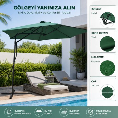 290 cm Yandan Gövdeli Bahçe Şemsiyesi Yeşil Metal İskeletli Polyester Kumaş Havuz Balkon Teras Gölgelik
