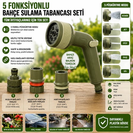 5 Fonksiyonlu Bahçe Sulama Tabancası Seti Musluk Bağlantılı Aquastoplu Çok Amaçlı Püskürtme Tabancası Yeşil 🌿💦