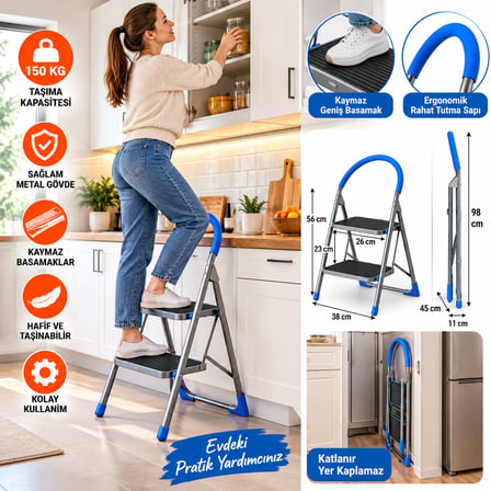 2 Basamaklı Katlanır Merdiven 150 KG Taşıma Kapasiteli Kaymaz Geniş Basamaklı Yer Kaplamaz Ergonomik Saplı