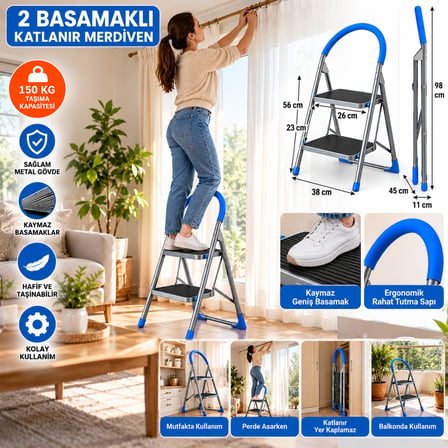 2 Basamaklı Katlanır Merdiven 150 KG Taşıma Kapasiteli Kaymaz Geniş Basamaklı Yer Kaplamaz Ergonomik Saplı