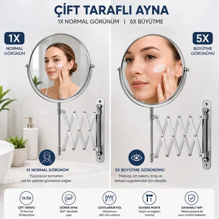 Akordiyon Kollu Makyaj Aynası 1X 5X Büyütmeli Çift Taraflı 625 mm Uzatılabilir Duvar Tipi