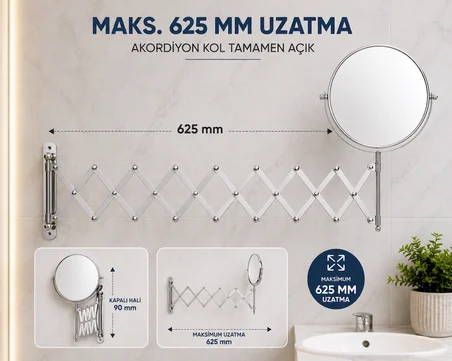 Akordiyon Kollu Makyaj Aynası 1X 5X Büyütmeli Çift Taraflı 625 mm Uzatılabilir Duvar Tipi