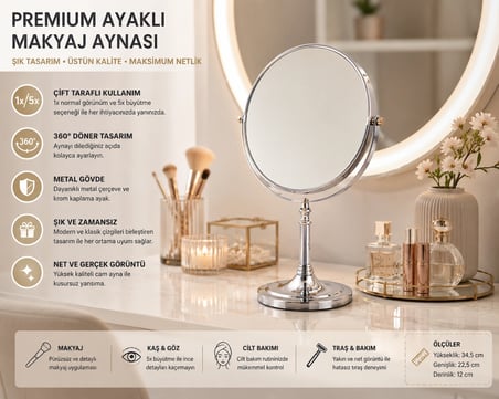 Çift Taraflı Ayaklı Makyaj Aynası 1x + 5x Büyütmeli 360° Döner Krom Metal Masa Aynası