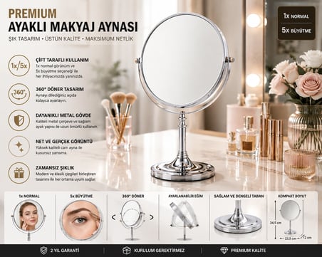 Çift Taraflı Ayaklı Makyaj Aynası 1x + 5x Büyütmeli 360° Döner Krom Metal Masa Aynası