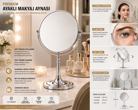Çift Taraflı Ayaklı Makyaj Aynası 1x + 5x Büyütmeli 360° Döner Krom Metal Masa Aynası