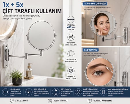 Duvara Monte Mafsallı Makyaj Aynası 1x + 5x Büyütmeli Çift Taraflı 410 mm Uzatılabilir