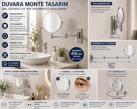 Duvara Monte Mafsallı Makyaj Aynası 1x + 5x Büyütmeli Çift Taraflı 410 mm Uzatılabilir