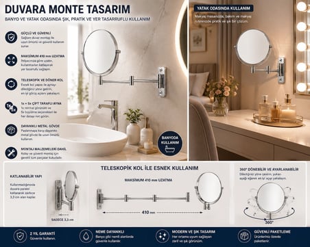 Duvara Monte Mafsallı Makyaj Aynası 1x + 5x Büyütmeli Çift Taraflı 410 mm Uzatılabilir