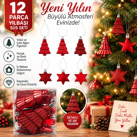 Kırmızı Yılbaşı Süs Seti 12 Parça – Yıldız & Çam Ağacı Figürlü Simli Parlak Dekorasyon Süsü