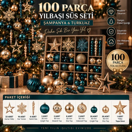 100 Parça Yılbaşı Süs Seti Şampanya Turkuaz – Yıldız Kar Tanesi Top ve Sarkıt Dekorasyon Seti