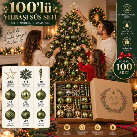 100 Parça Yılbaşı Ağaç Süsleme Seti – Yeşil Gold Dekoratif Top, Yıldız, Kar Tanesi ve Sarkıt Süsler