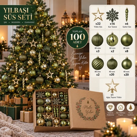 100 Parça Yılbaşı Ağaç Süsleme Seti – Yeşil Gold Dekoratif Top, Yıldız, Kar Tanesi ve Sarkıt Süsler