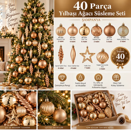 🎄 40 Parça Şampanya Yılbaşı Ağacı Süsleme Seti | Zarif Top, Yıldız, Damla ve Dekoratif Süsler