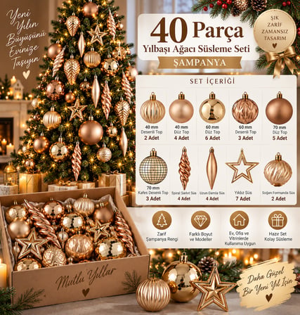 🎄 40 Parça Şampanya Yılbaşı Ağacı Süsleme Seti | Zarif Top, Yıldız, Damla ve Dekoratif Süsler