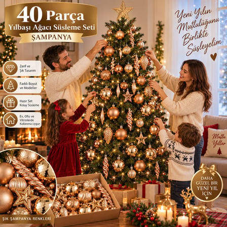 🎄 40 Parça Şampanya Yılbaşı Ağacı Süsleme Seti | Zarif Top, Yıldız, Damla ve Dekoratif Süsler