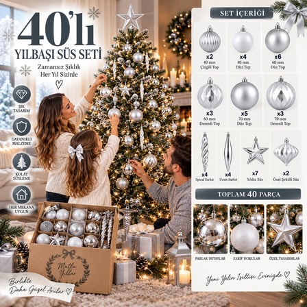 40 Parça Gümüş Yılbaşı Ağacı Süs Seti – 40/60/70 mm Toplar, Yıldız ve Sarkıt Süsler
